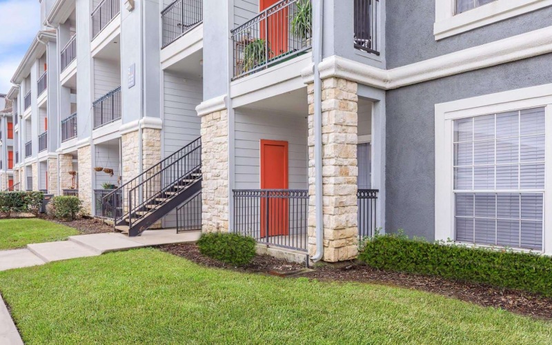 a building with a red doors